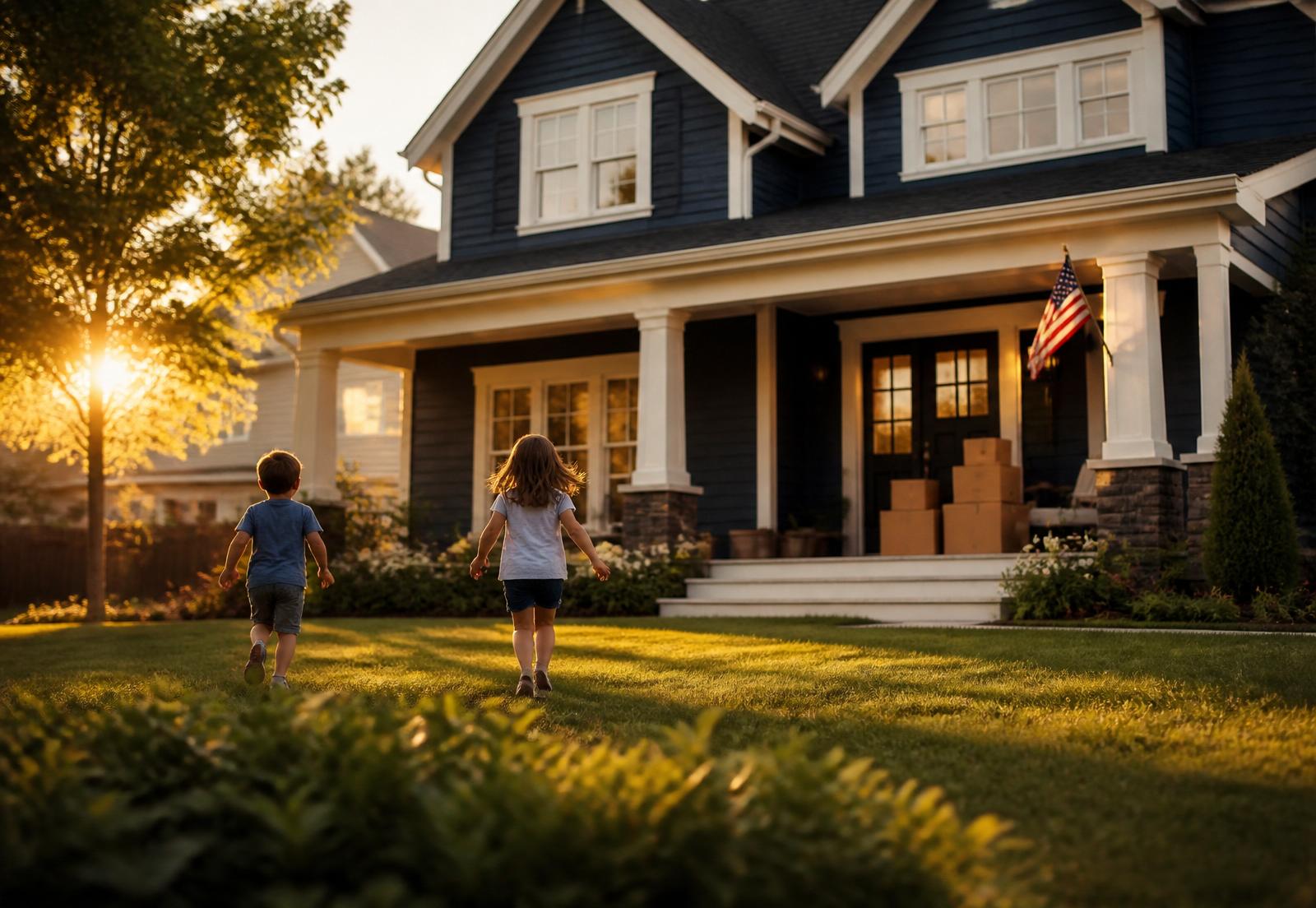 A welcoming family home with moving boxes on the porch at golden hour